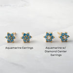 Aquamarine flower studs in solid gemstone and one with a diamond center. 