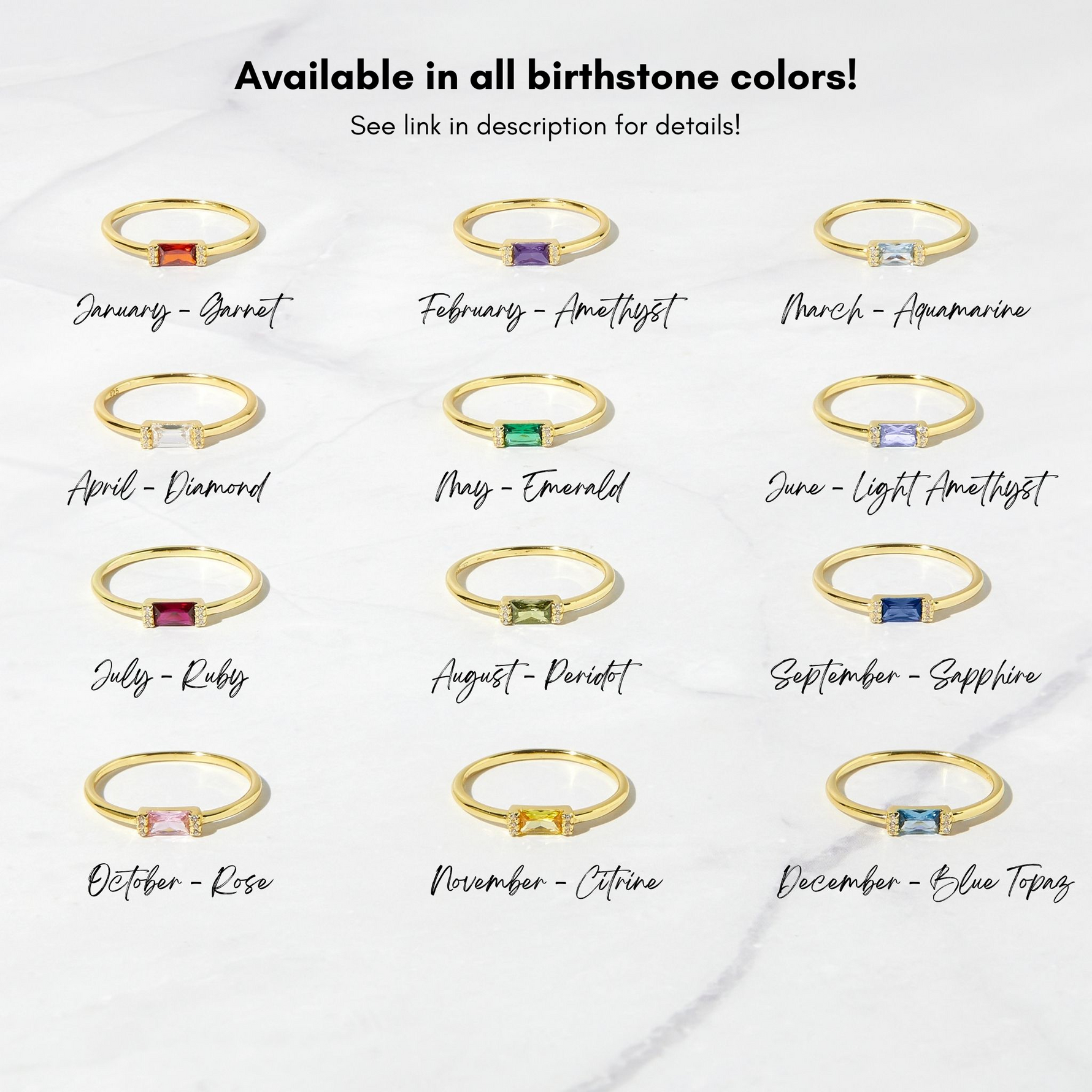 Baguette birthstone rings in all birthstone colors. 