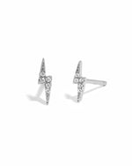 Dainty sterling silver pavé studded lightning bolt stud earrings.