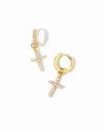 14K gold cz studded cross charm huggies