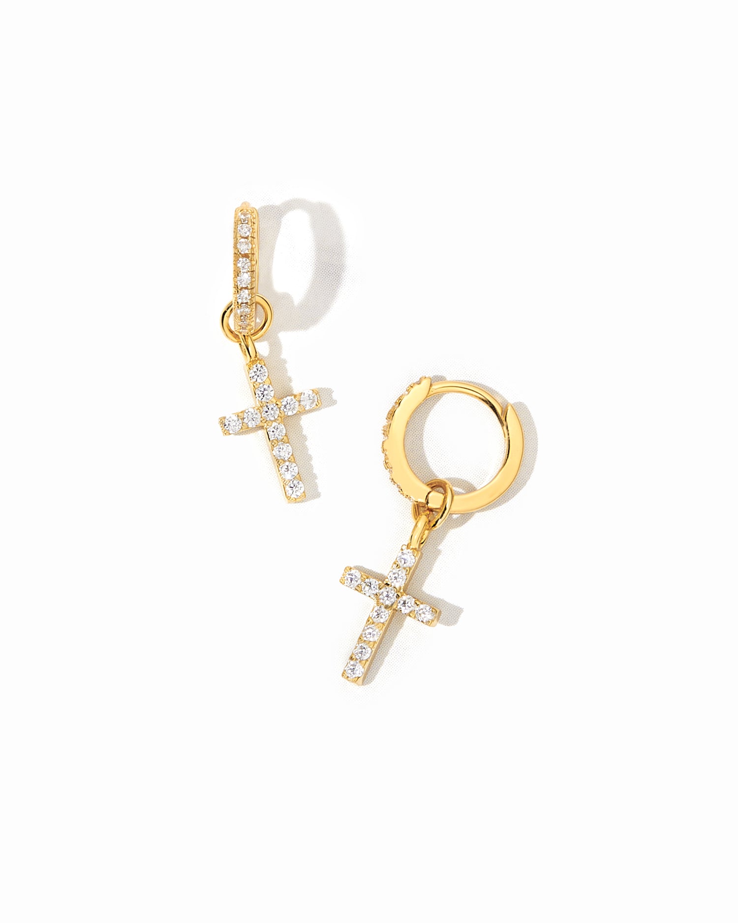 14K gold cz studded cross charm huggies