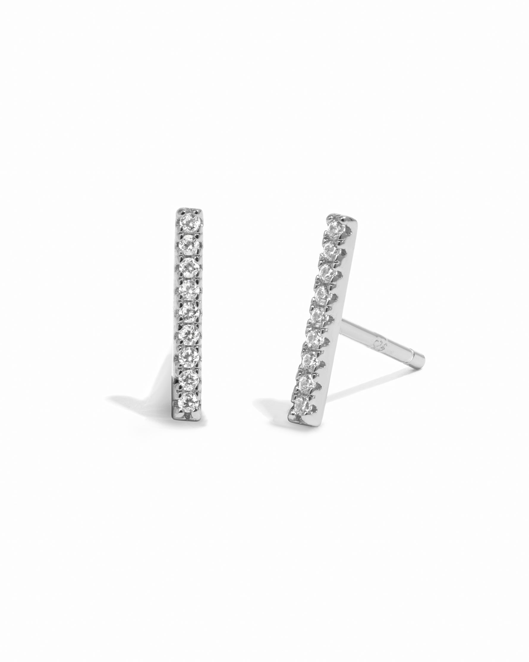 Sterling silver minimalist and dainty pave bar stud earrings