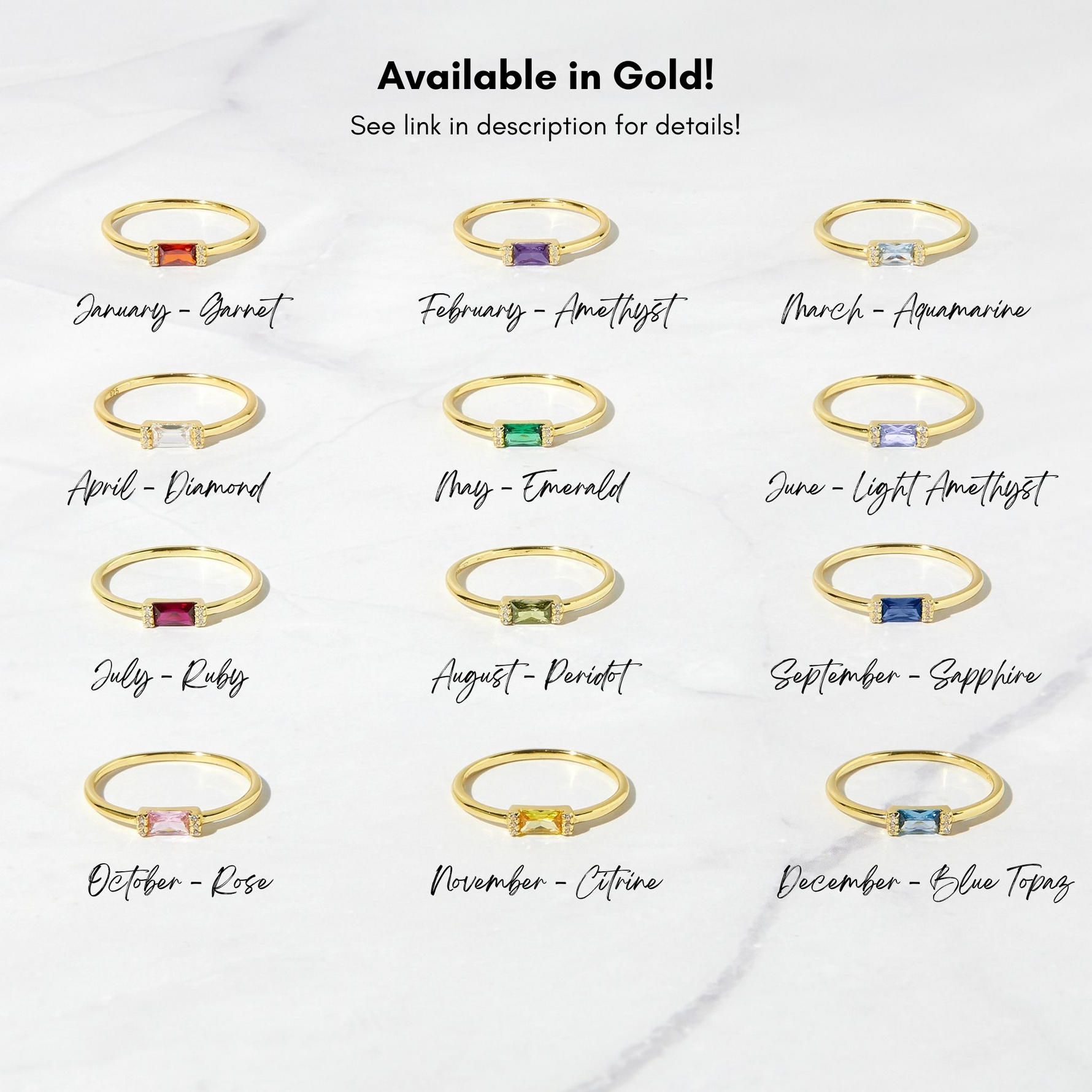Gold dainty gemstone baguette rings in all month birthstones. 