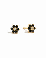 Gold black gemstone stud earrings with white cz diamond center.