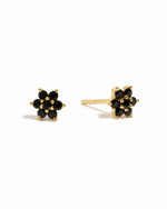 Gold delicate black onyx gemstone flower stud earrings on white background.