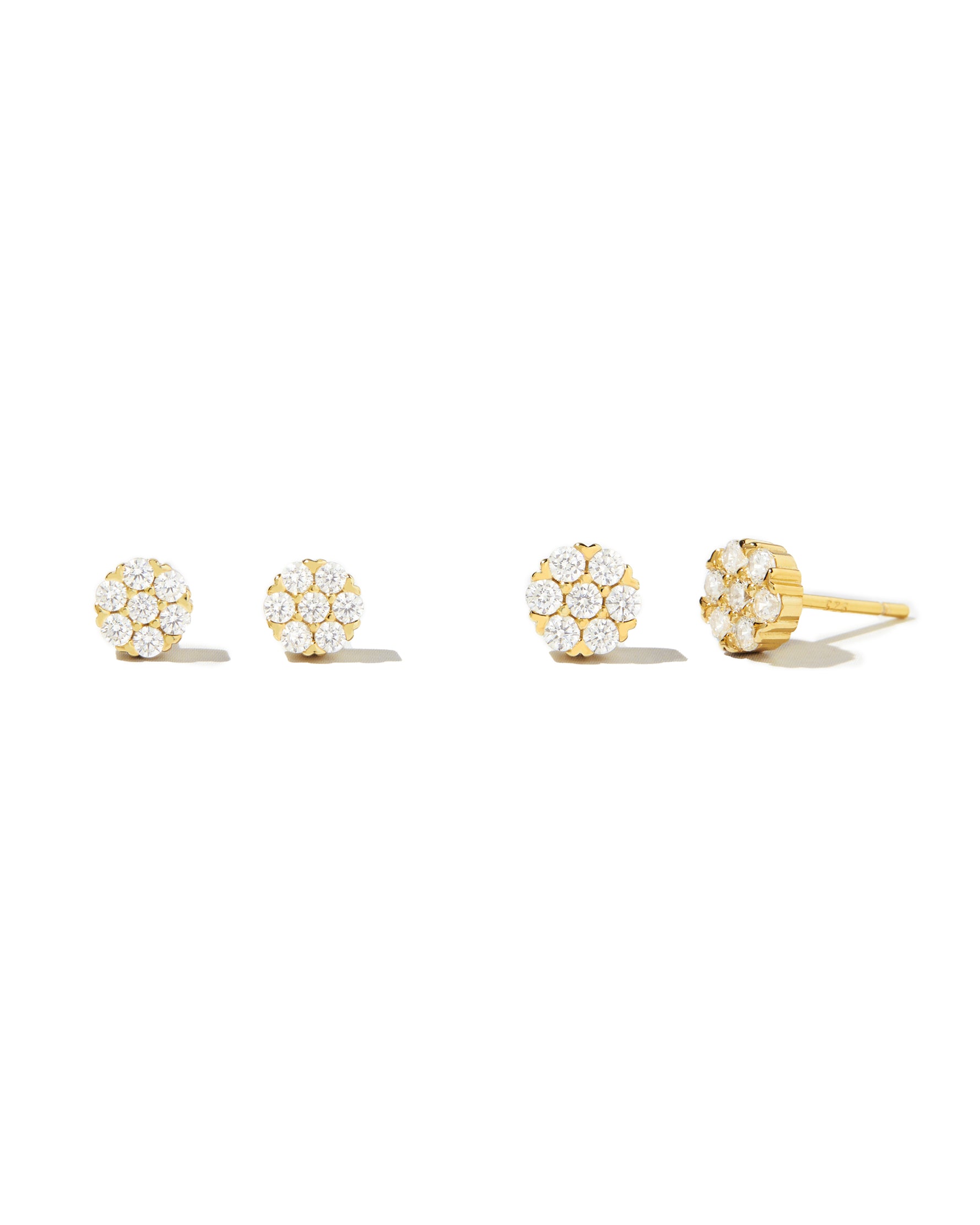 Gold big and small cluster cz diamond stud earrings. 