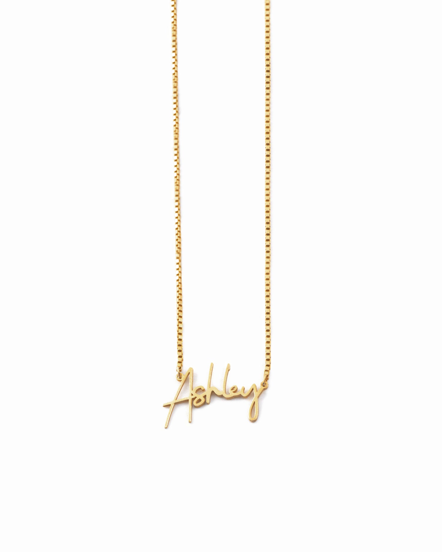 Minimalist gold script custom name necklace with box chain