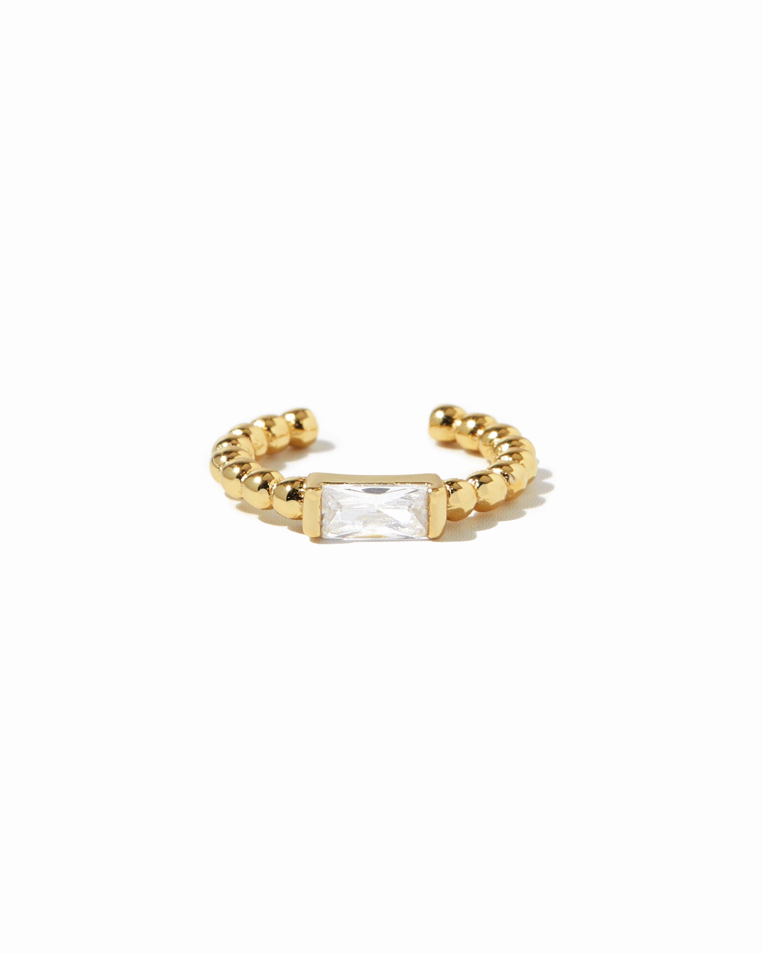 Delicate gold beaded adjustable ear cuff earring with a baguette cz stone.