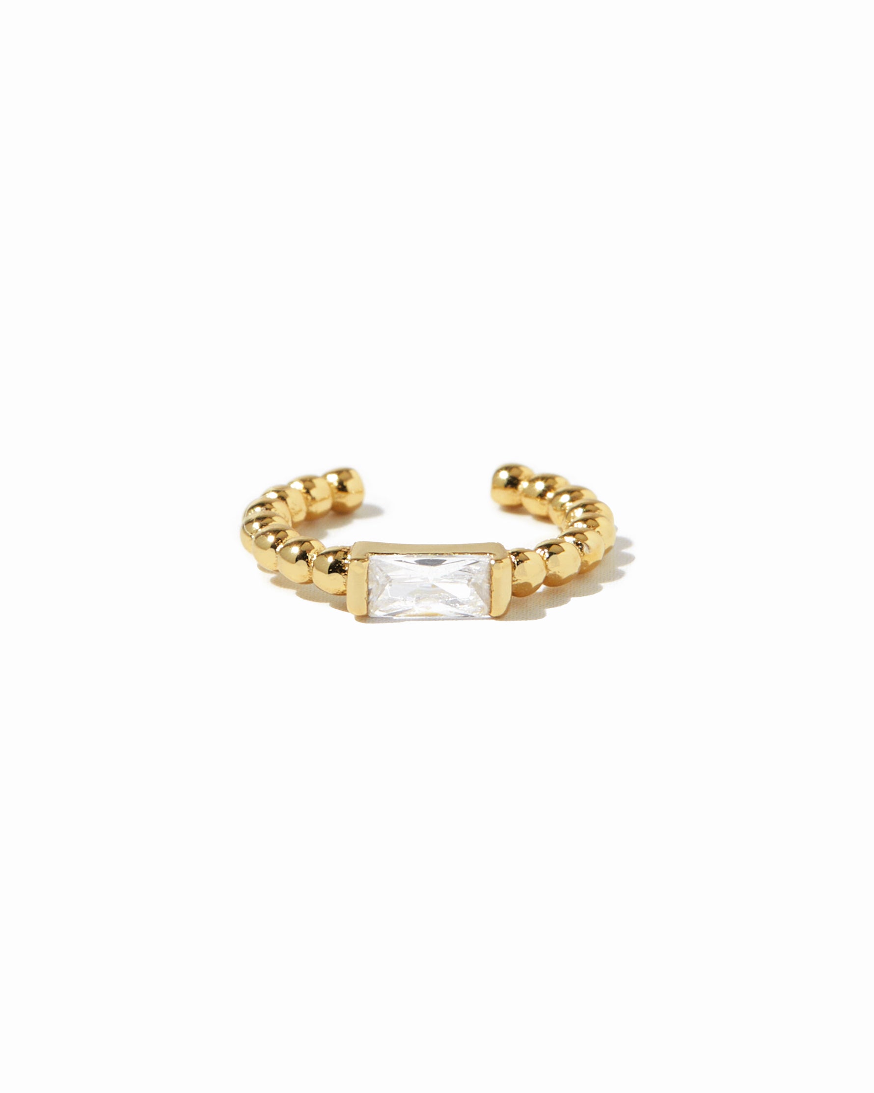 Delicate gold beaded adjustable ear cuff earring with a baguette cz stone.