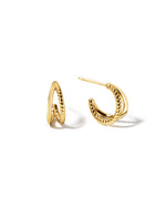 Delicate gold split shank hoop earrings with a spiral and plain side. 