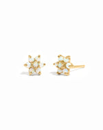 Delicate gold opal gemstone flower stud earrings.
