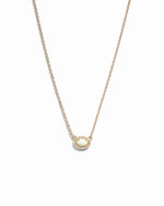 Delicate gold chain with opal oval halo pendant on white background
