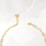 Closeup image of small gold paperclip chain with lobster claw clasp