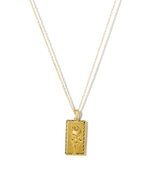 Rectangle rose medallion pendant necklace on white background.