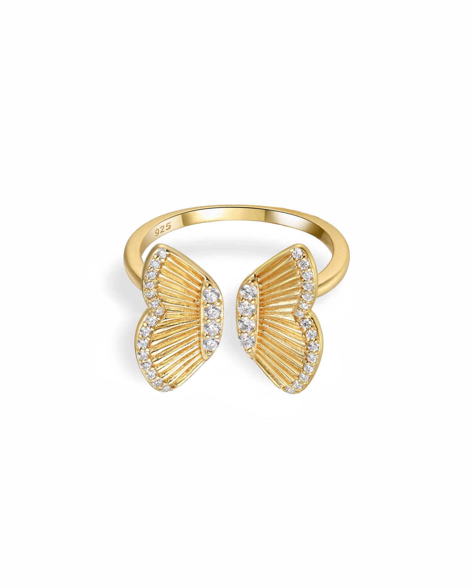 Gold statement butterfly ring with CZ accents.