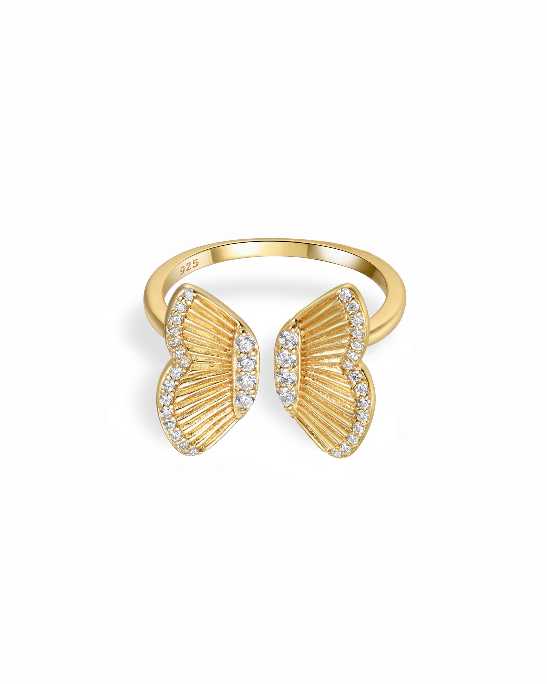 Gold statement butterfly ring with CZ accents.