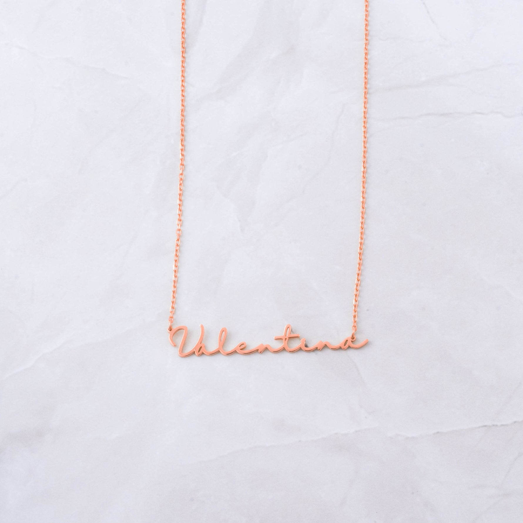 Rose gold dainty script name necklace