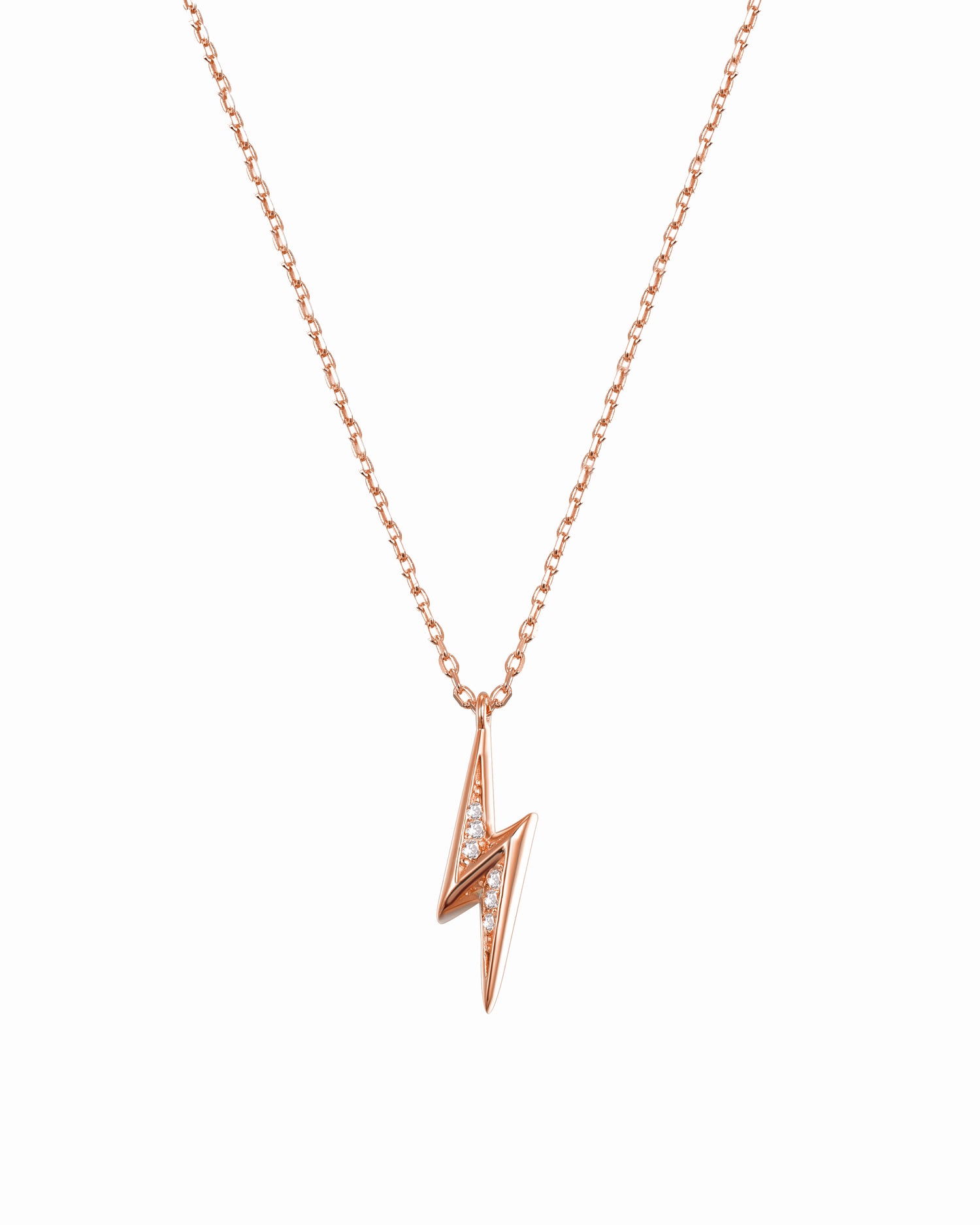 Rose gold lightning pendant necklace on a white background