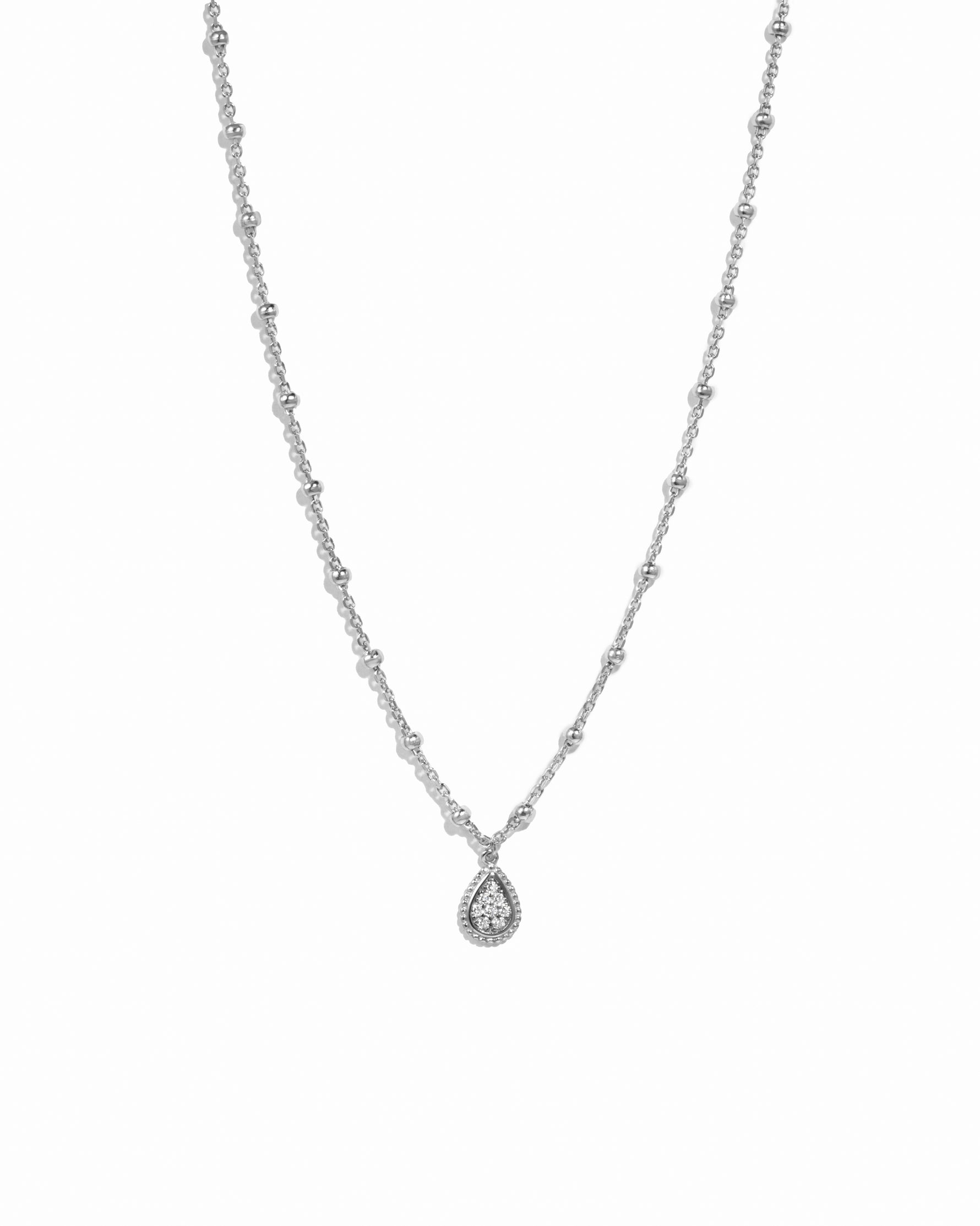 Sterling silver tear drop pendant necklace with beaded chain. 