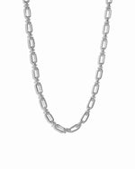 Silver statement chain link necklace on white background.