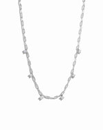 Dainty silver paperclip chain necklace with cz charms hanging off of it. 