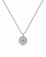 Sterling silver circle medallion with paperclip chain.