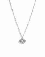 Sterling silver evil eye pendant necklace on white background.