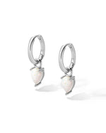 Sterling silver removable opal tear drop charm earrings on white background.