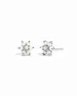 Delicate sterling silver opal gemstone flower stud earrings.