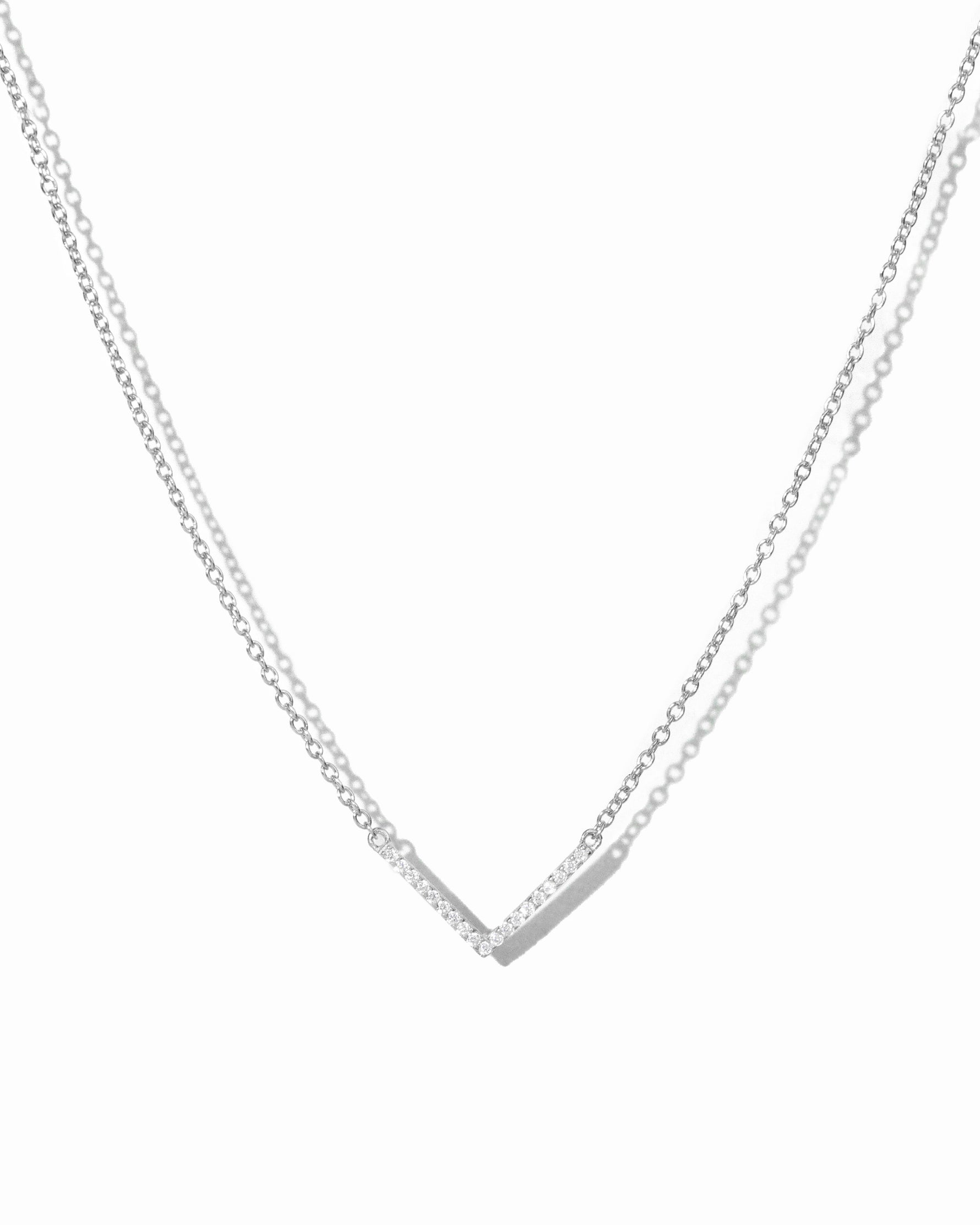 Sterling silver chevron necklace on white background.