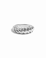 Sterling silver croissant ring on white background.