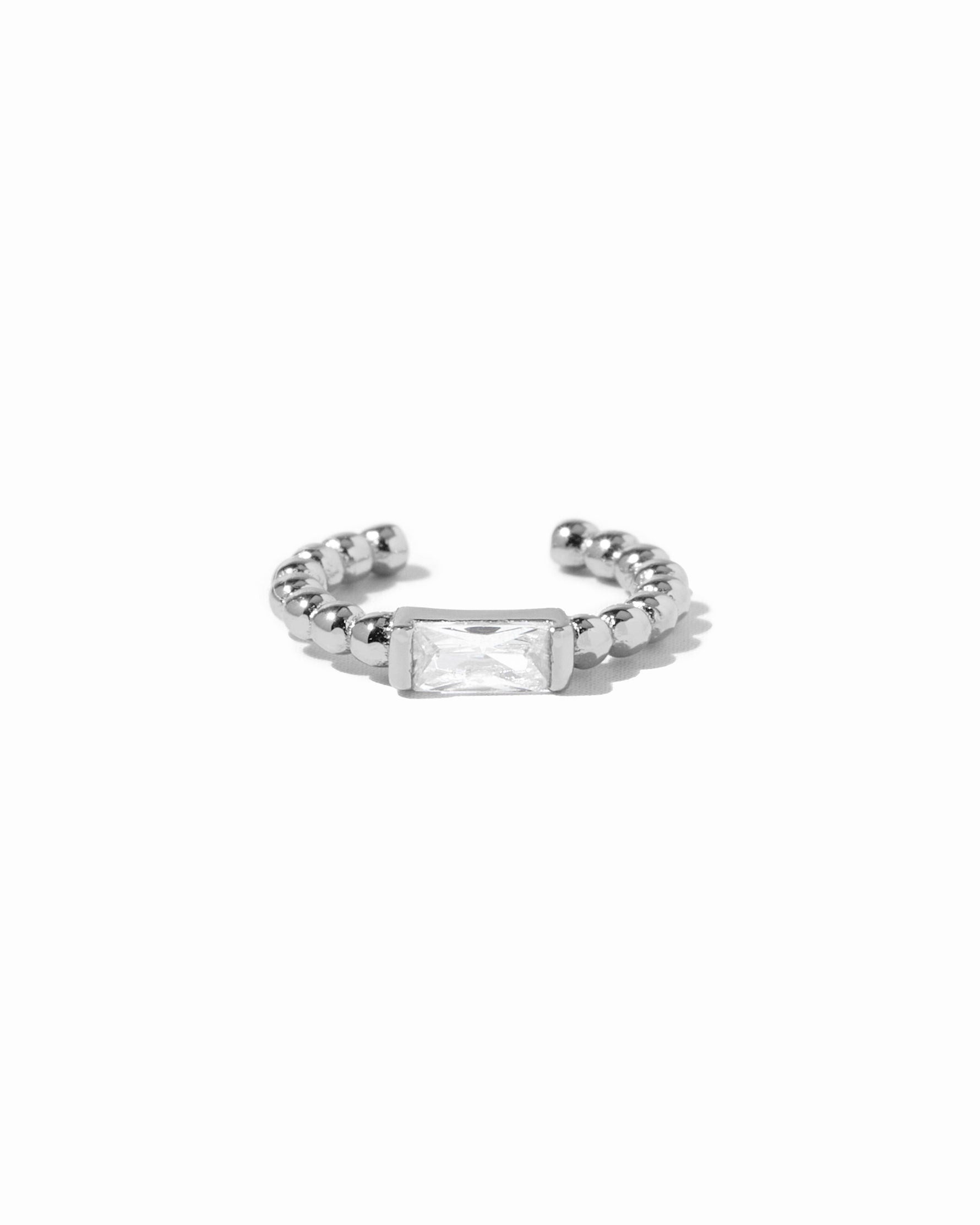 Delicate sterling silver beaded adjustable ear cuff earring with a baguette cz stone.