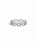 Sterling silver delicate chain link ring on white background. 