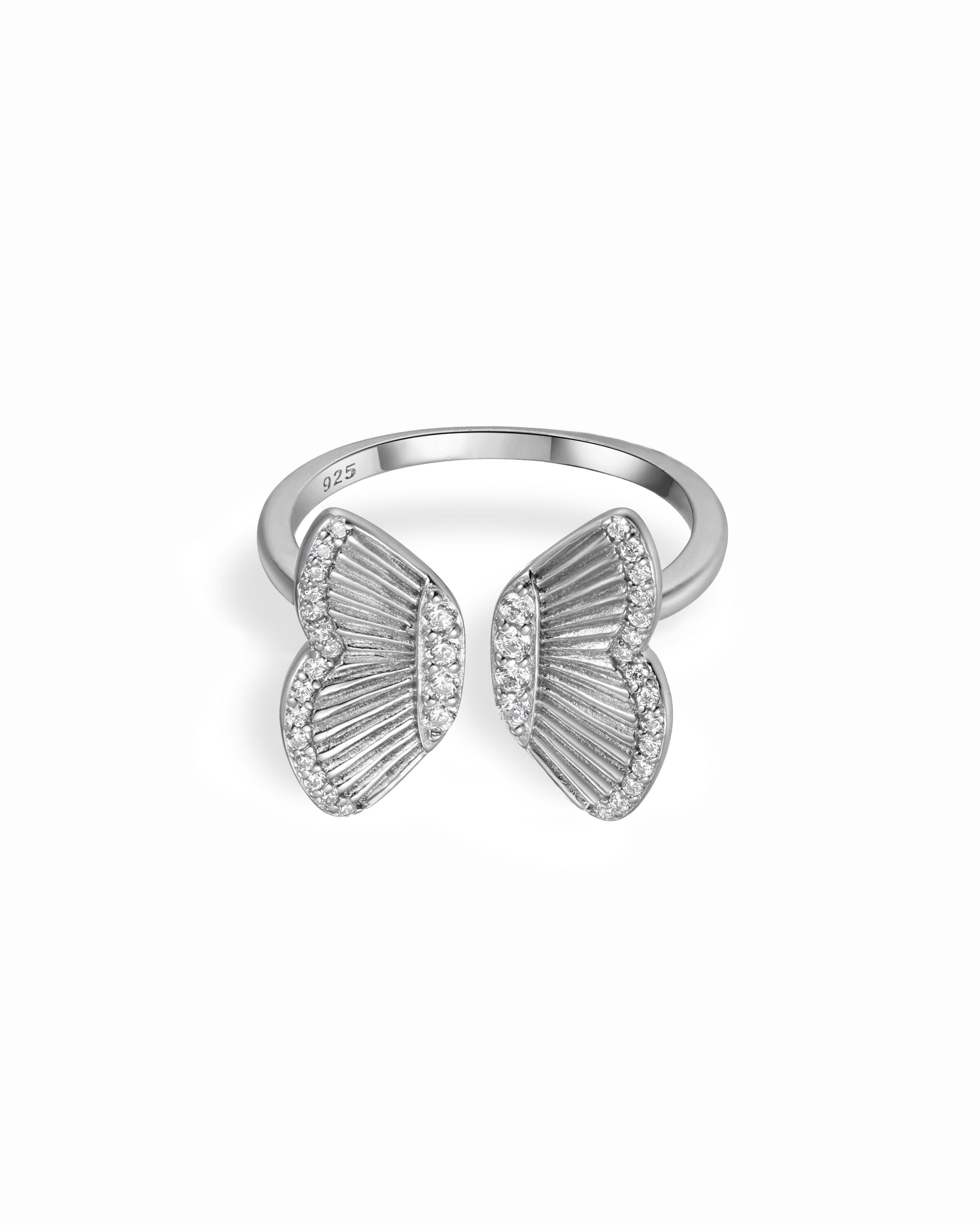 Sterling silver statement butterfly ring with CZ accents.