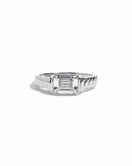 Sterling silver emerald-cut statement ring with texture silver band. 