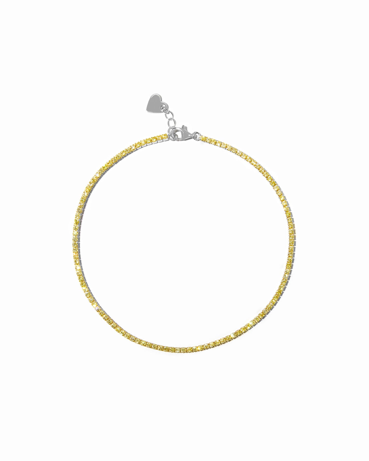 Sterling silver yellow dainty tennis ankle bracelet on white background