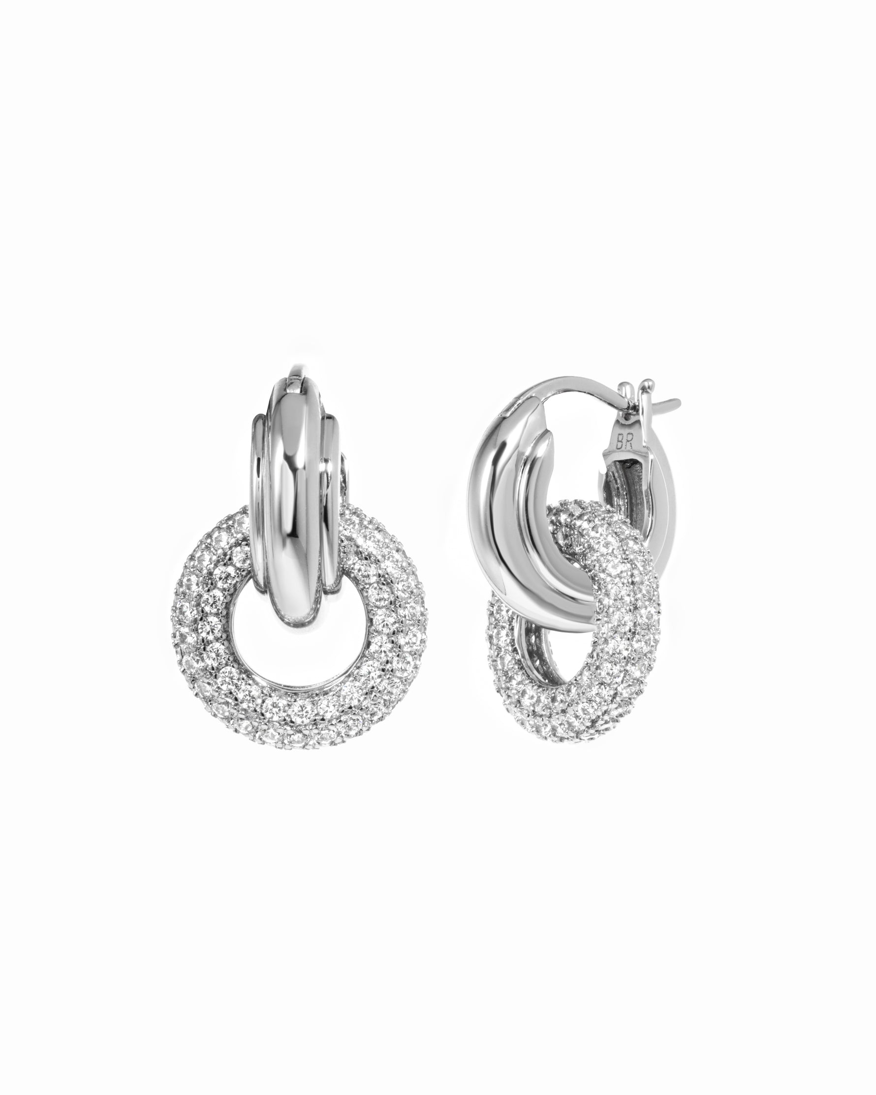 silver hoop earrings with removable pave charm.