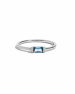Sterling silver aquamarine baguette ring with a simple design, featuring a rectangular aquamarine gemstone on a white background.