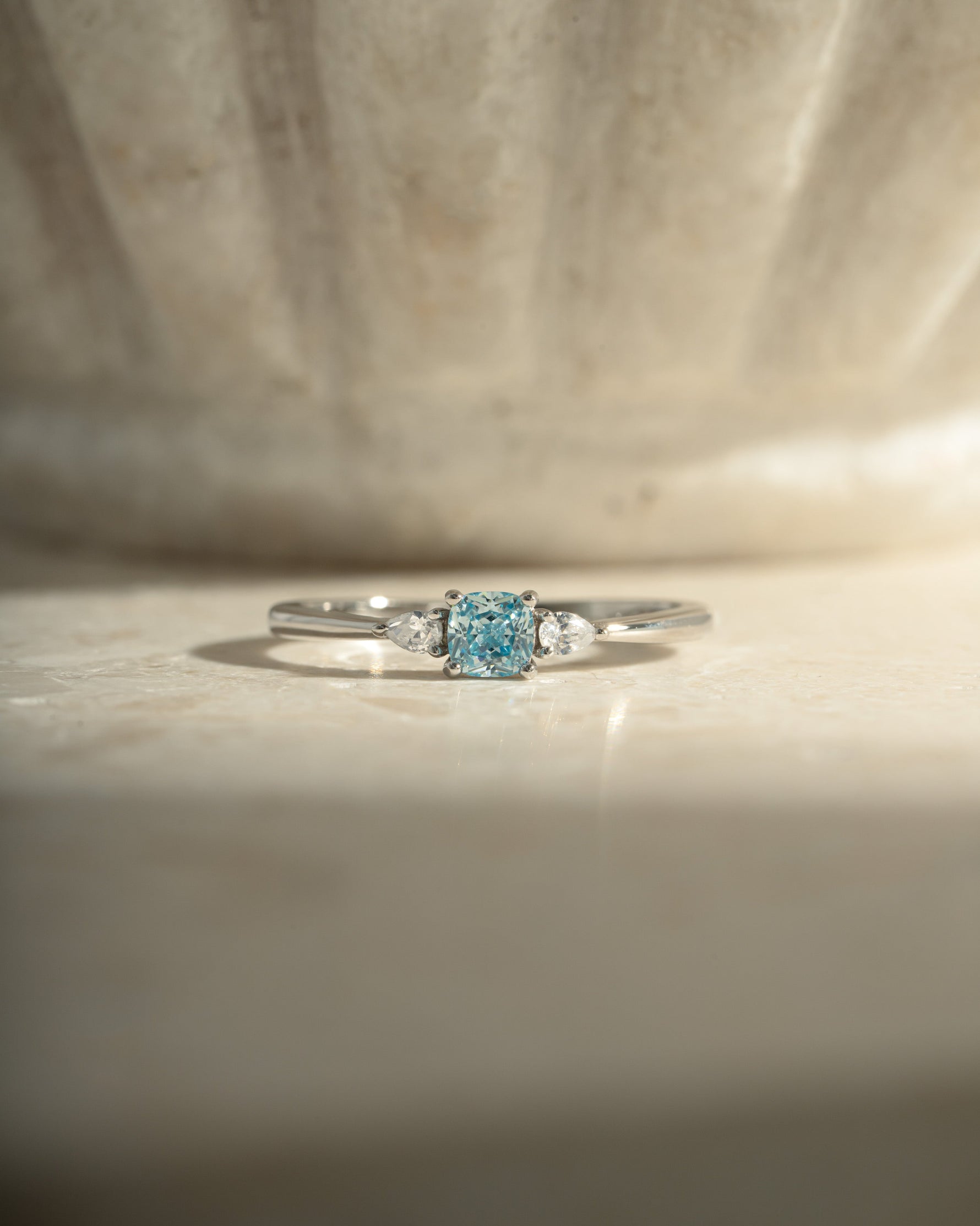 aquamarine cushion ring in sterling silver closeup view