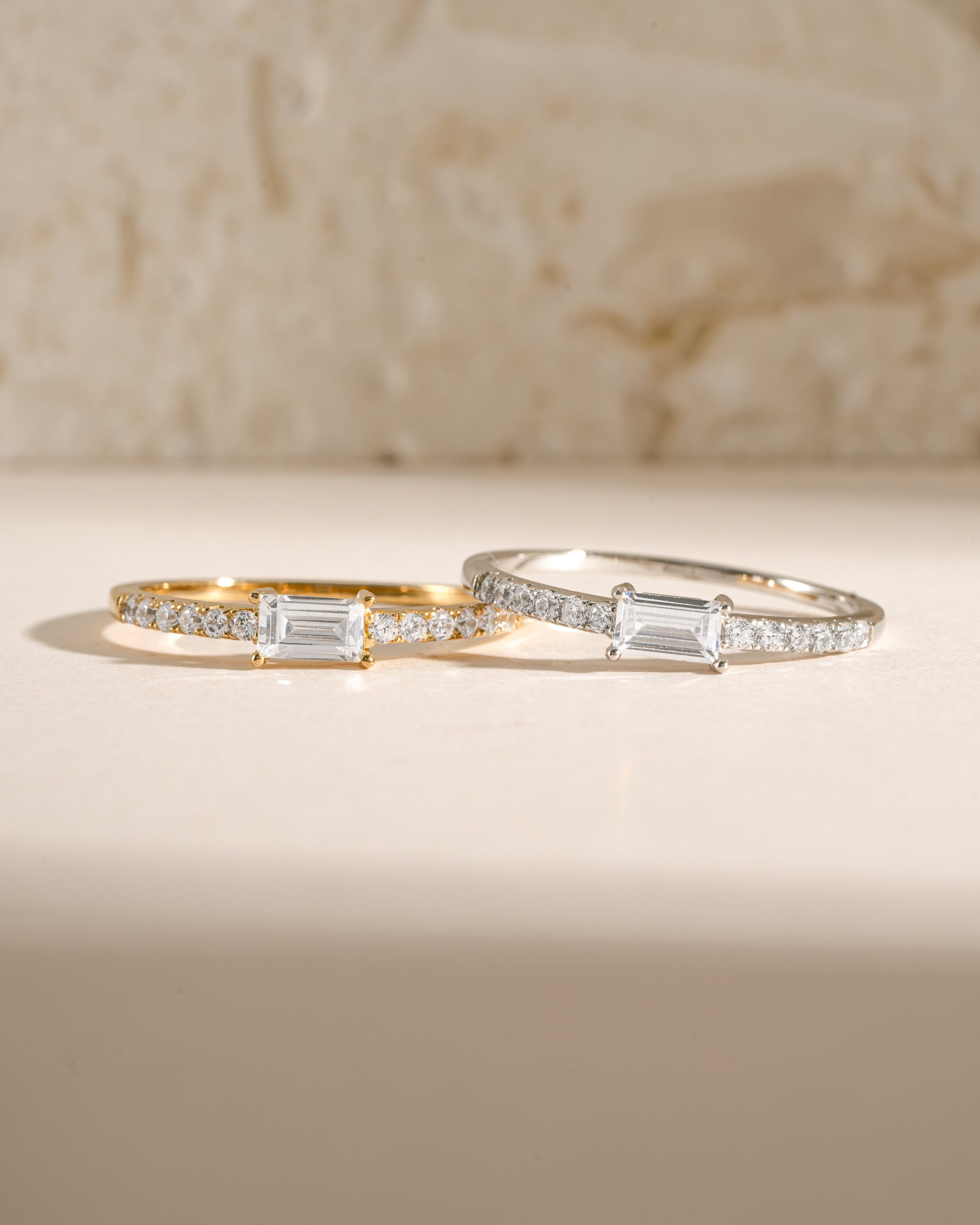 Gold and sterling silver stacking ring with baguette-cut and CZ stones, stylish jewelry from Samijewels-527.