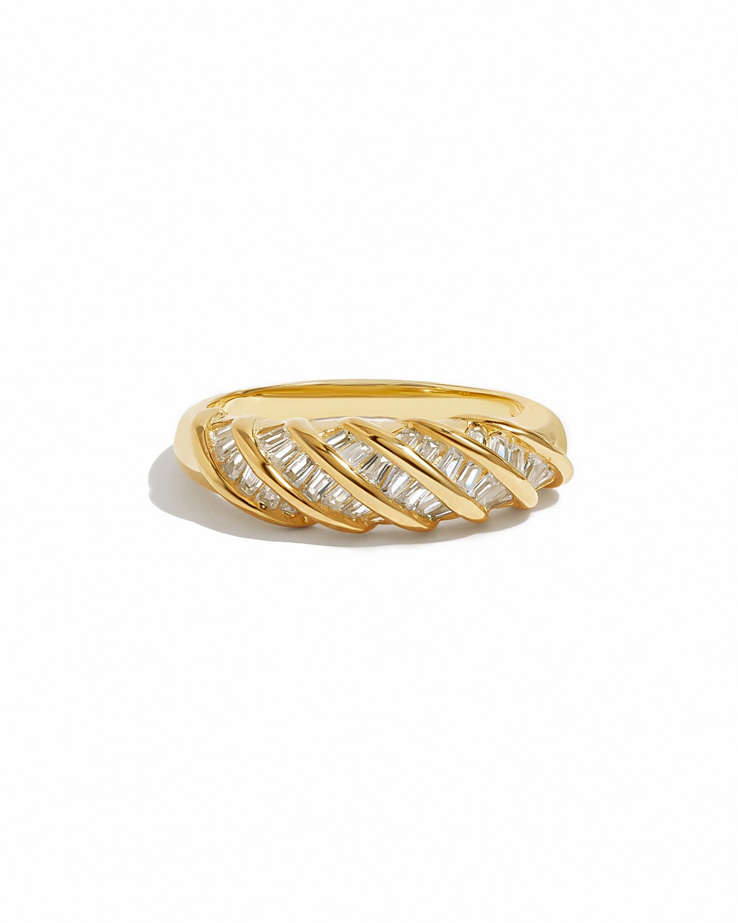 Gold Baguette Croissant Ring by Sami Jewels displayed on a white background, showcasing its detailed design and elegant style.