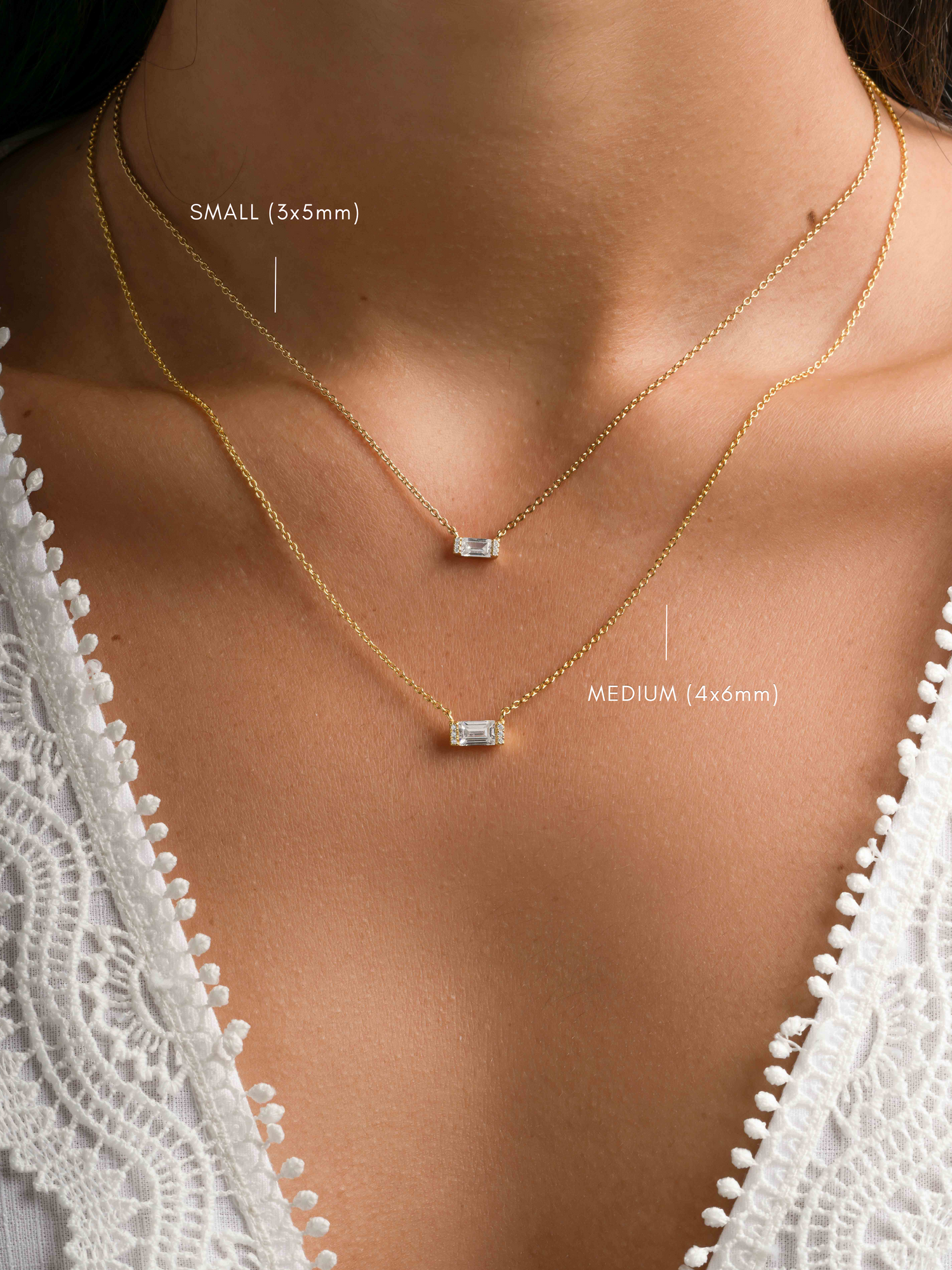 Sami Jewels Baguette diamond necklace with medium and small stones, showcasing elegant jewelry design.