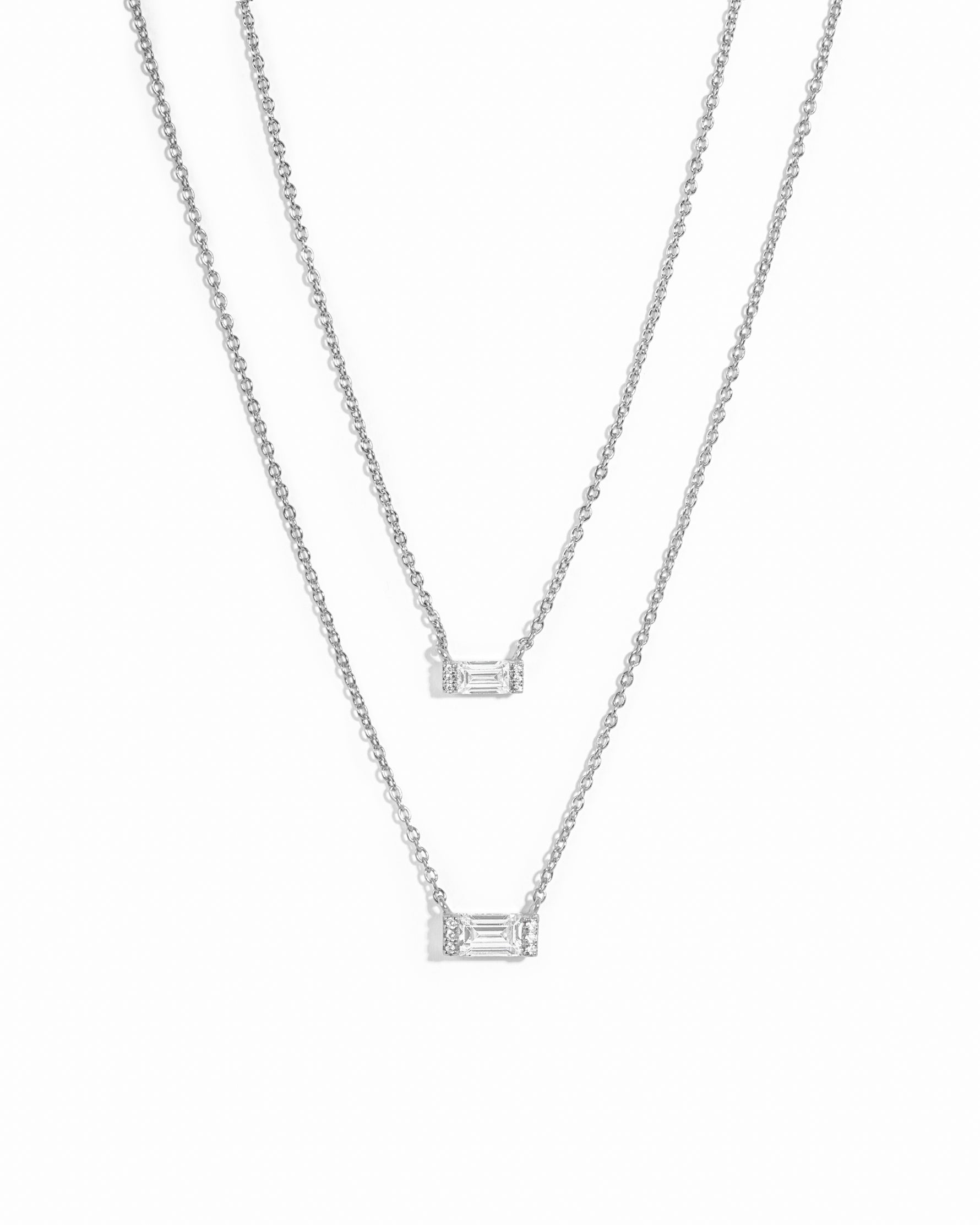Sterling silver Baguette Necklace with diamond accents from Sami Jewels, displayed against a white background.
