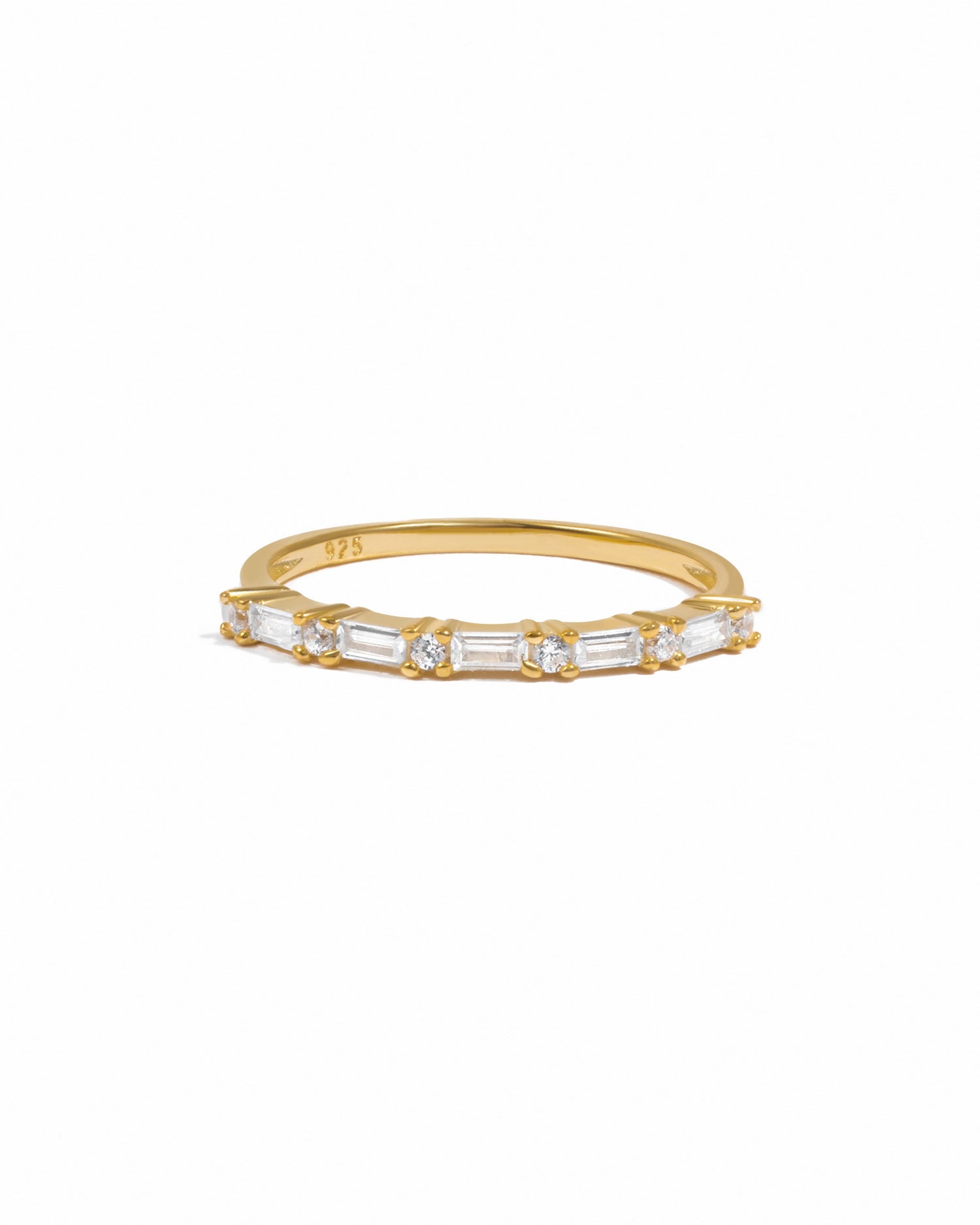 Gold Baguette Diamond Stacking Ring by Sami Jewels, featuring a sleek baguette-cut diamond design on a white background.