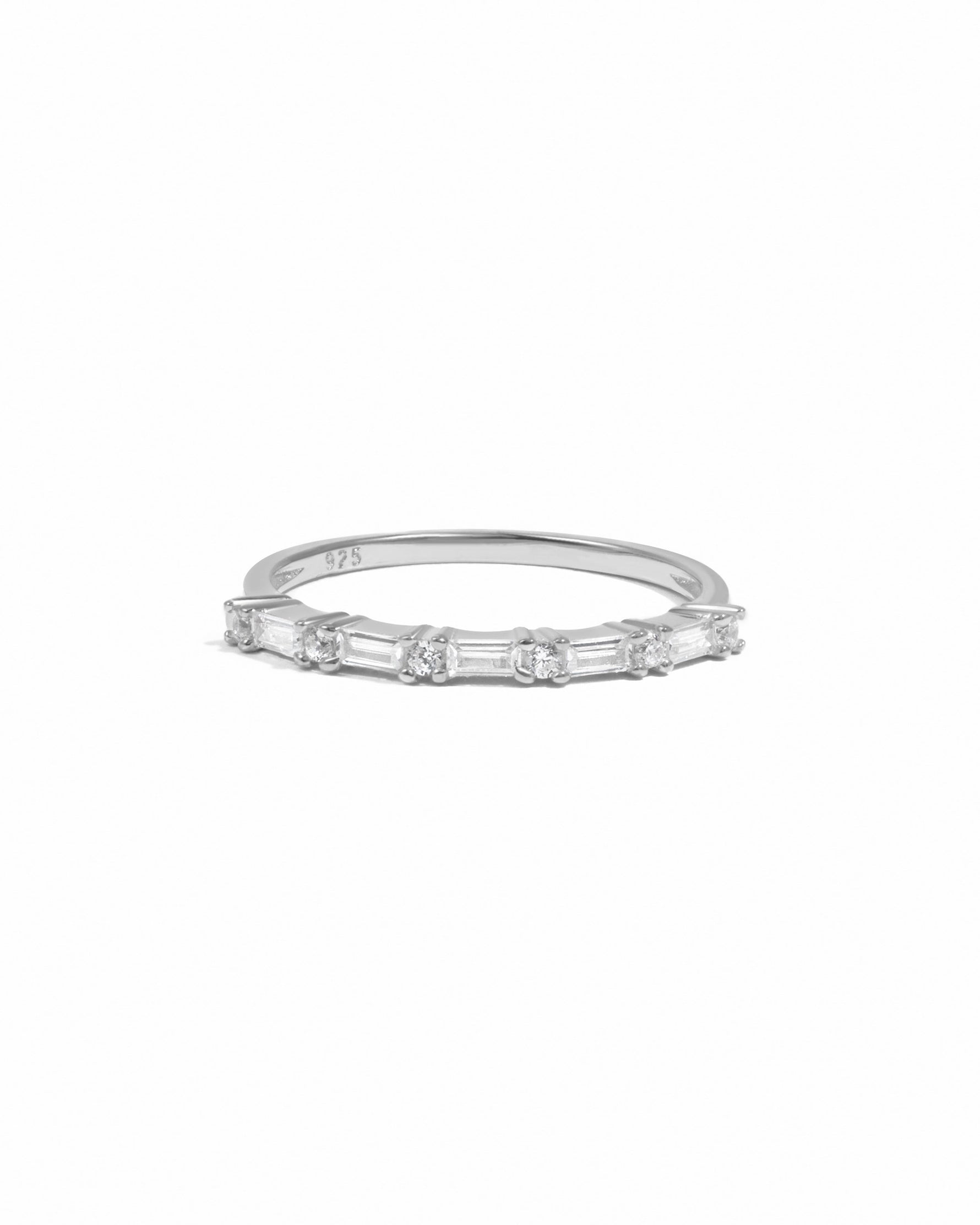 Sterling silver Baguette Diamond Stacking Ring by Sami Jewels with rectangular baguette-cut diamonds on a white background