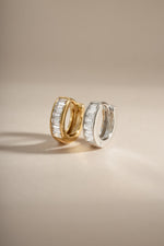 Gold and sterling silver Small Baguette Huggies earrings by Sami Jewels featuring sleek baguette-cut design.