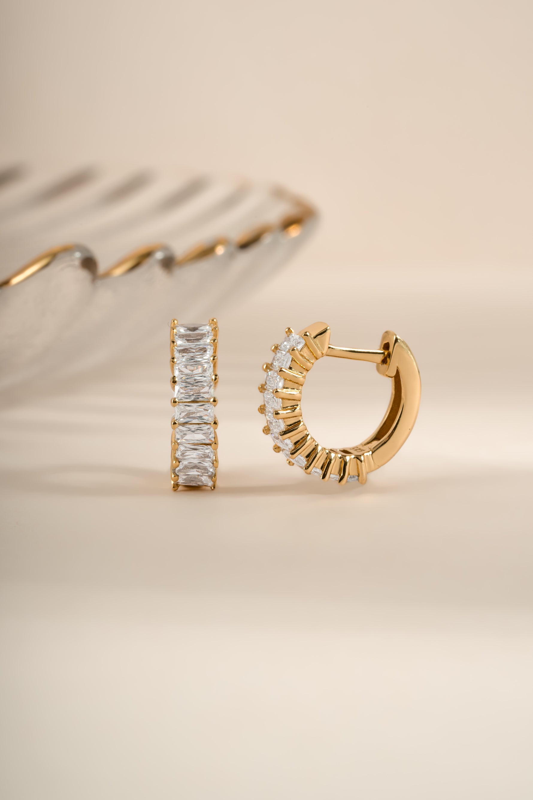 Gold Daryl-Ann's Baguette Hoops earrings by Sami Jewels featuring sleek baguette-shaped huggie hoop design