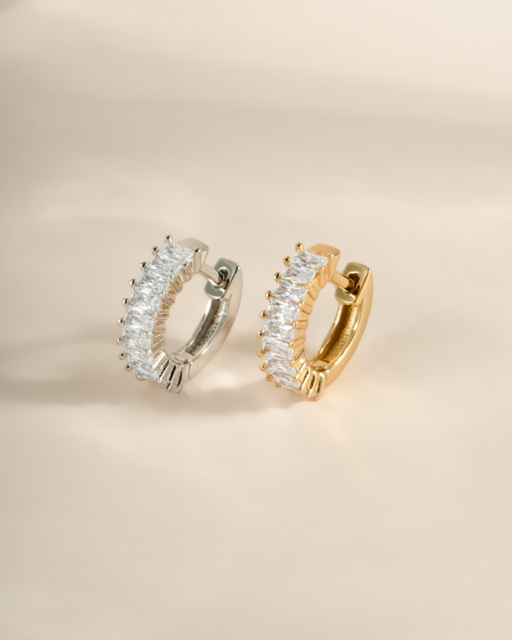 Sterling silver and gold Daryl-Ann's Baguette Hoops earrings by Sami Jewels, featuring elegant baguette-shaped huggie-style earrings.