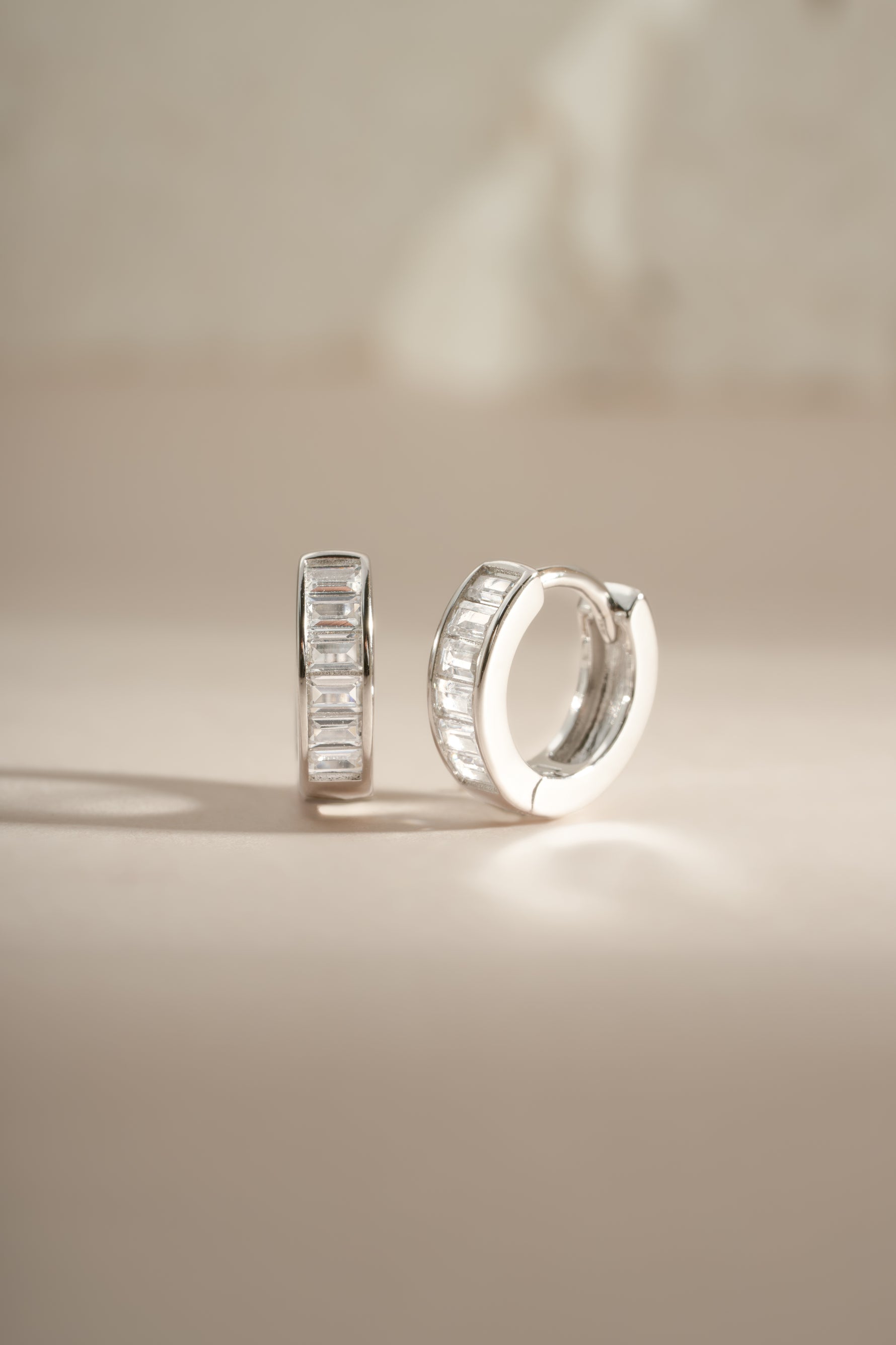 Sterling silver Small Baguette Huggies earrings by Sami Jewels showcasing sleek, rectangular baguette design perfect for everyday wear.