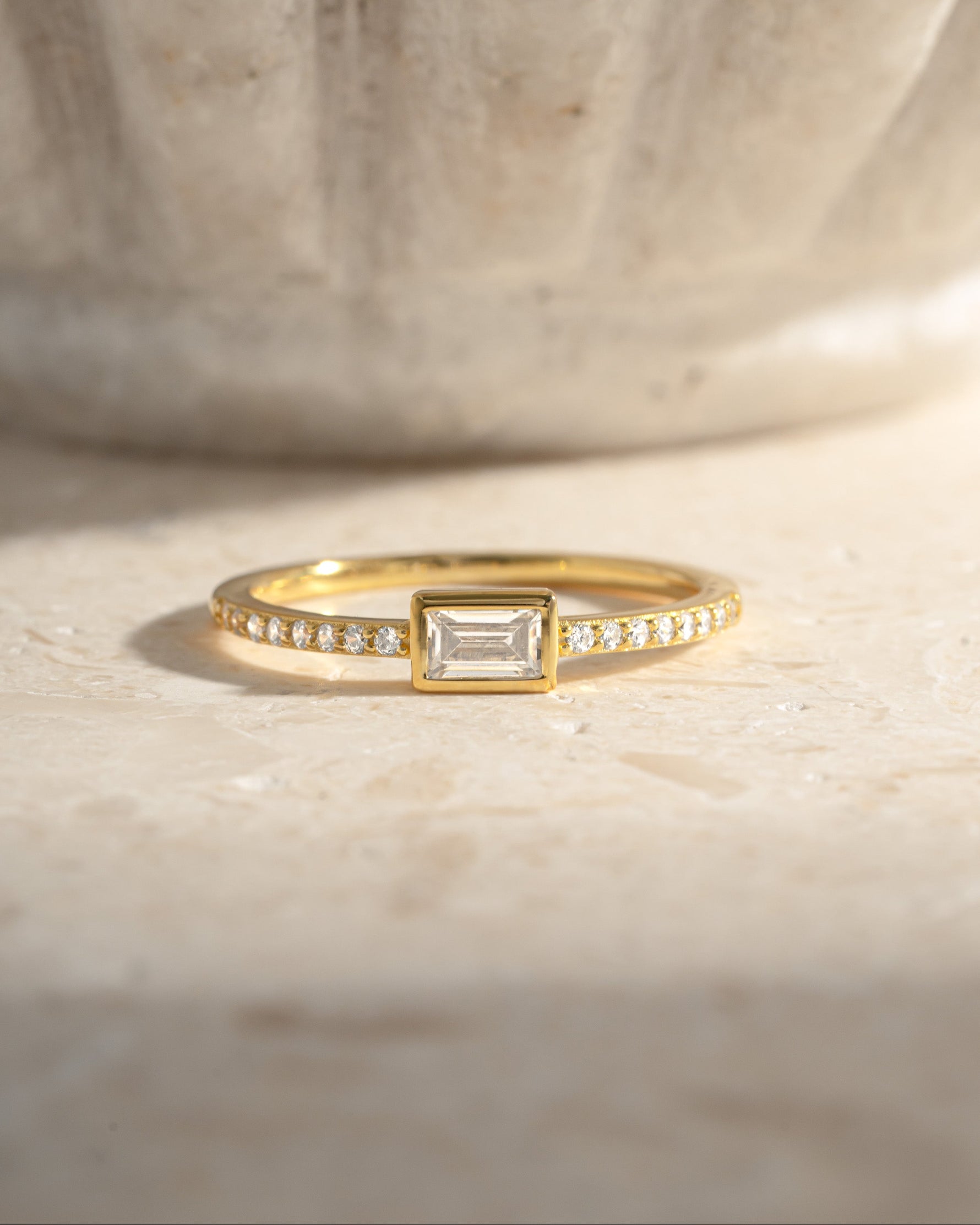 Gold Baguette Ring with Pavé Band by Sami Jewels, front view showcasing sparkling baguette-cut stones and intricate band design.